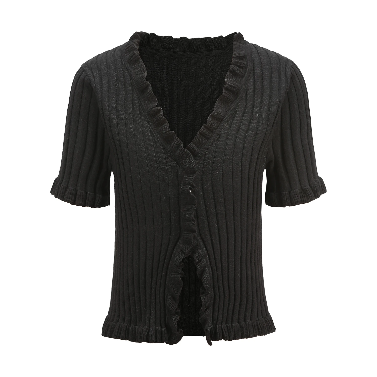Sexy green black knitted cardigan women crop sweater v neck ruffle cropped casual Winter korean |