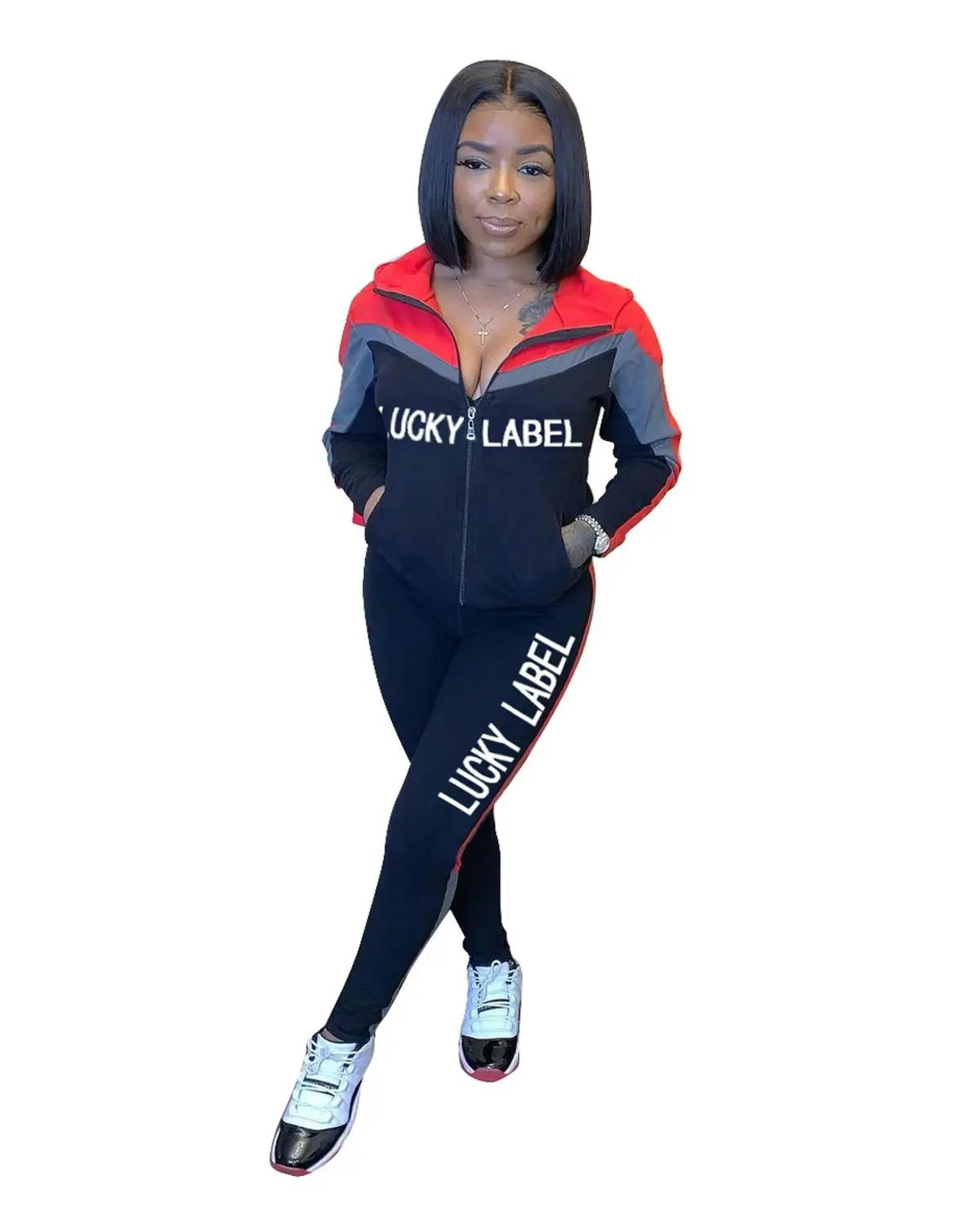 

Activewear Lucky Label Patchwork Classic Women's Set Jacket Jogger Pants Matching Sporty Tracksuit Two Piece Set Outfit