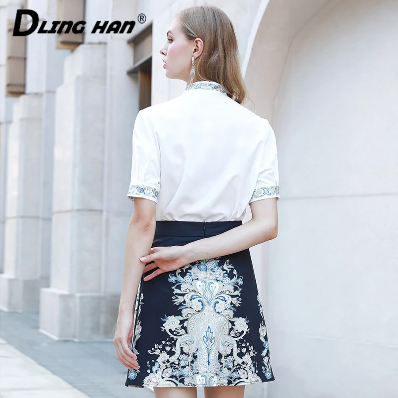 

DLINGHAN Vintage Print Sets Fashion Bow Collar Short sleeve shirt Top + Mini Skirt Two-piece set Summer Women New