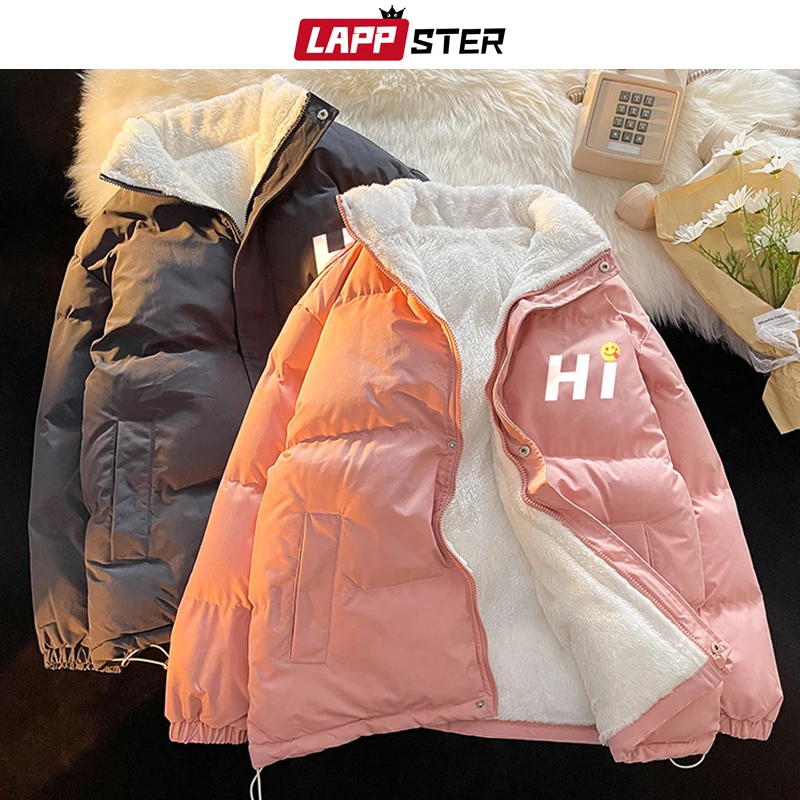 

LAPPSTER Men Korean Fashion Fleece Winter Jacket 2022 Mens Oversized Vintage Print Puffer Jacket Male Japanese Thick Bubble Coat