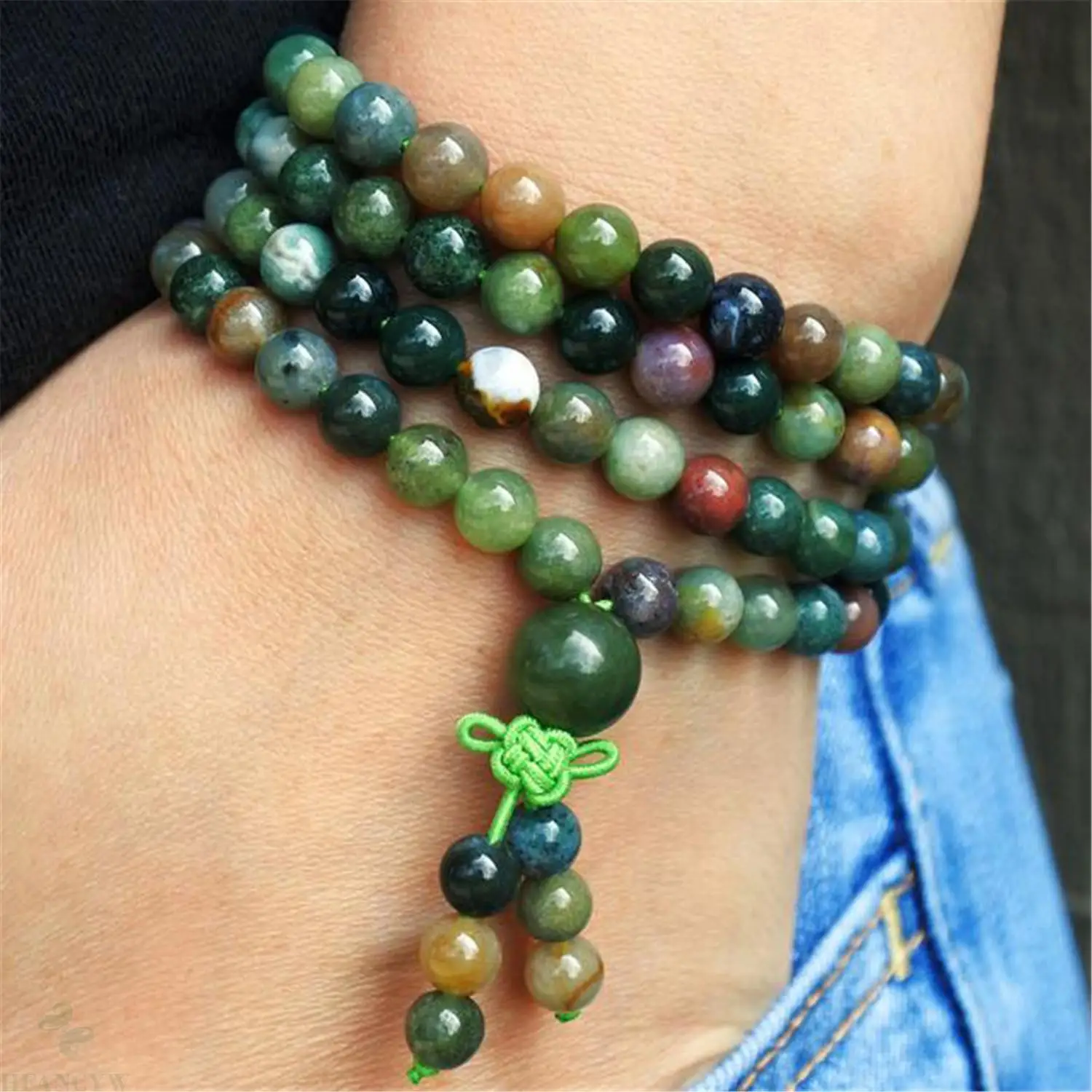 

6mm Indian Agate Gemstone 108 Beads Tassel Mala Bracelet Retro Spirituality Religious Buddhism Japa Wristband Prayer