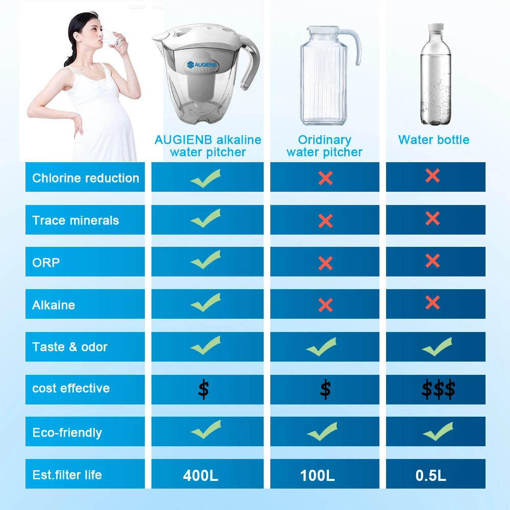 

AUGIENB Alkaline Water Pitcher Ionizer Long-Life Filters - Water Filter Purifier Filtration System - High pH Alkalizer - 3.5L