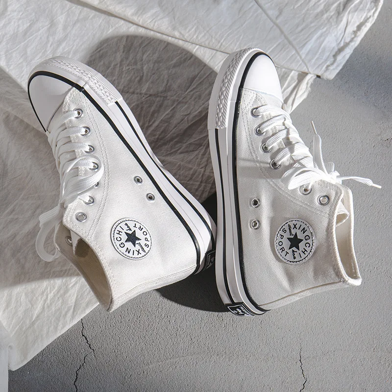 

Women's high-top canvas shoes neutral style outdoor leisure lace-up solid color rubber sneakers, size 35 -44
