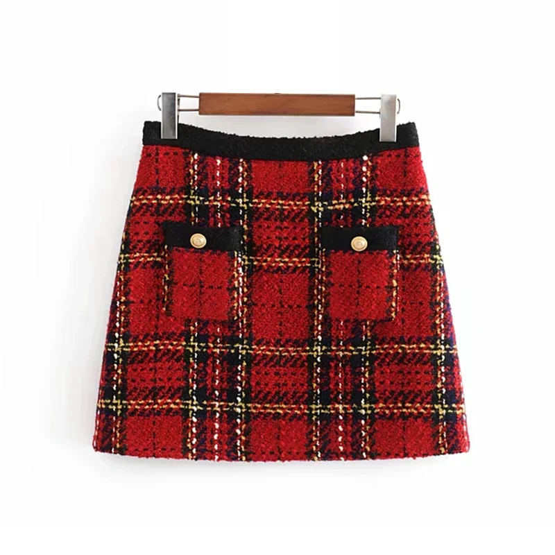 red plaid Красные винтажные женские твидовые мини юбки зимняя модная женская клетчатая юбка женские Лоскутные юбки falda для девушек с высокой талией шикарные юбки - Цвет: red plaid