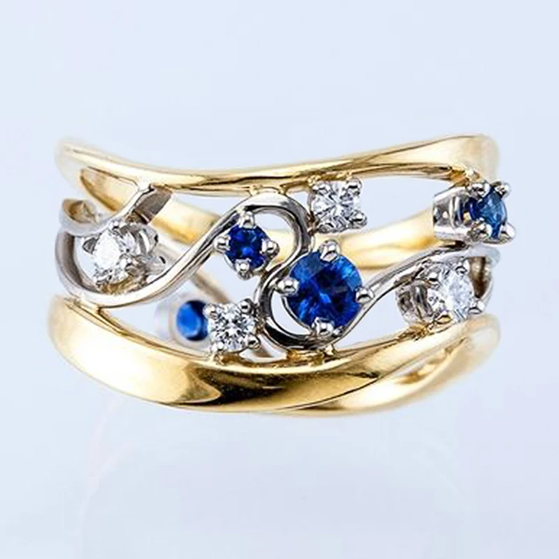 

Luxury Hollow Wavy Lines Design Women's Rings With Shine White/Blue CZ Fashion Wedding Engagement Jewelry Geometric Finger Ring