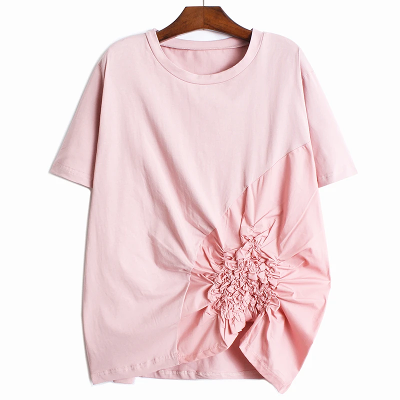 

Summer new women's short-sleeved T-shirt with pleated decoration, muslin stitching T-shirt, women's loose solid color casual top
