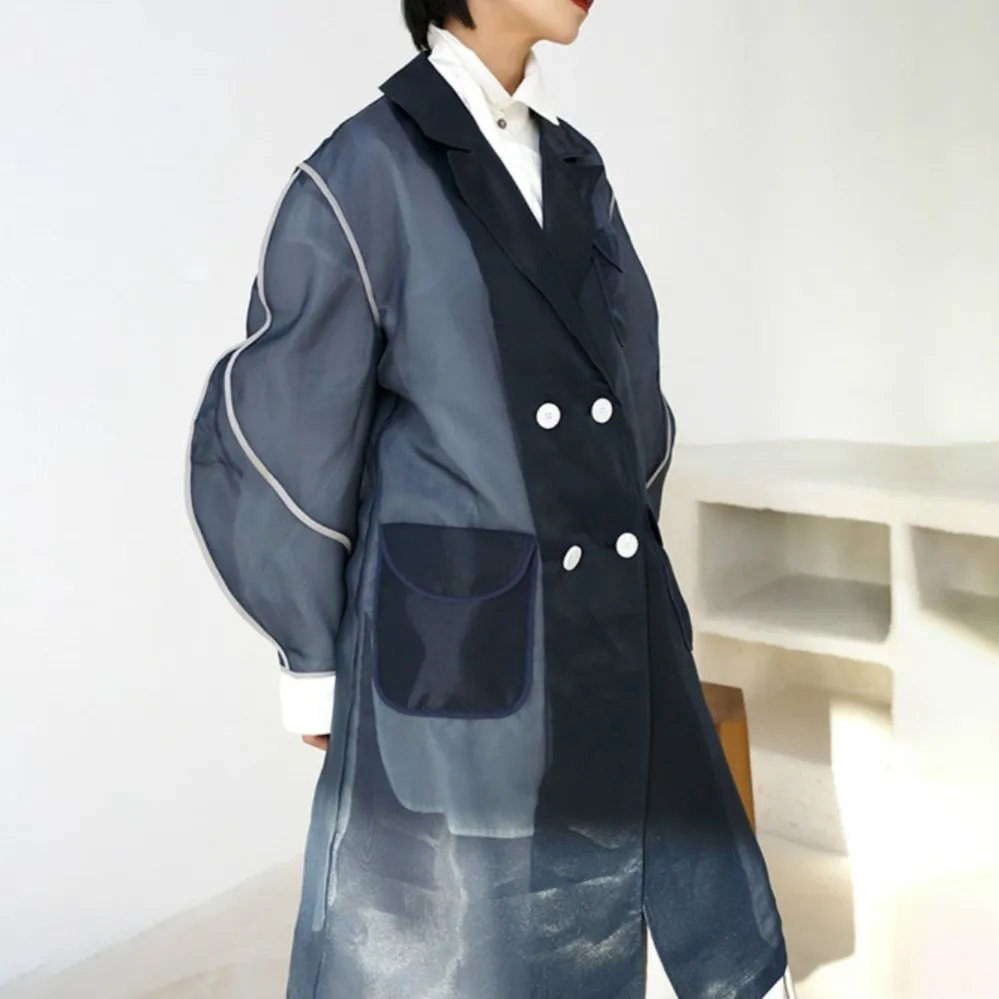 Женский осенний темно синий тренчкот из мешковины с отложным воротником длинные