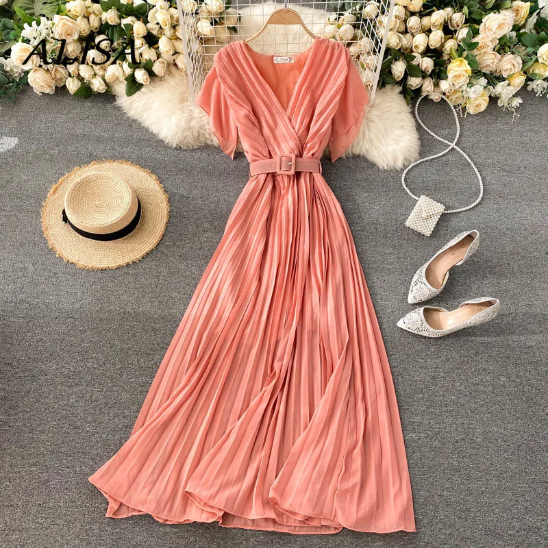 

Women French Elegant Dress Summer Sexy V-neck Chiffon Pleated Dresses Ladies Vintage A Line Midi Office Dress Long Robe