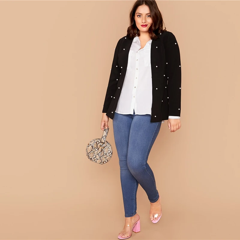 SHEIN плюс размер черный крючок и глаз жемчуг бисером блейзер для женщин Осень Slim Fit длинный рукав элегантный плюс блейзеры
