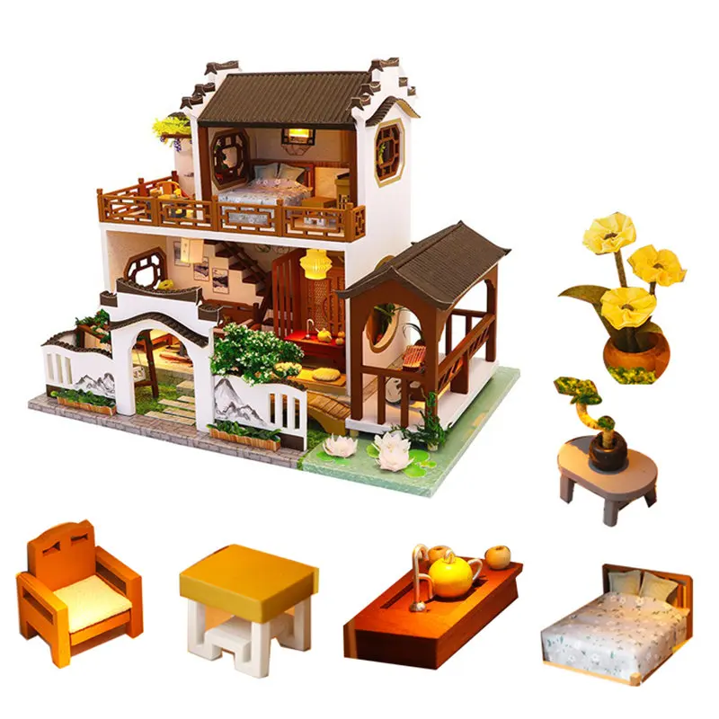 Diy Кукольный дом Вилла Китайский ретро деревянные кукольные домики сад спальня