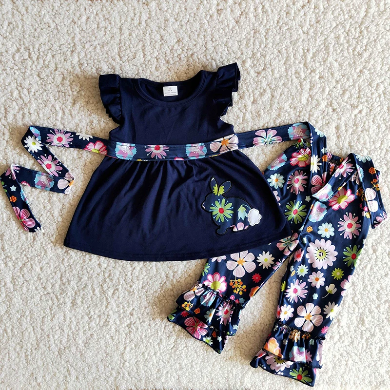 

Toddler Easter Infant Girl Rabbit Print Short Sleeve T-Shirt Floral Ruffles Pants Fashion Baby Outfit Wholesale Boutique Clothes