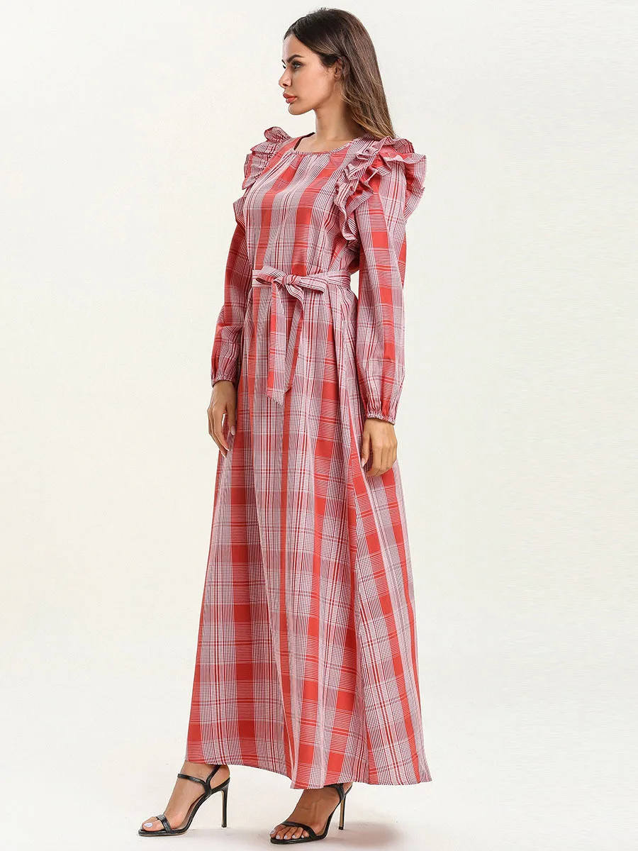 2019 abaya Femme Musulman осеннее Плиссированное тонкое платье в клетку с длинными рукавами