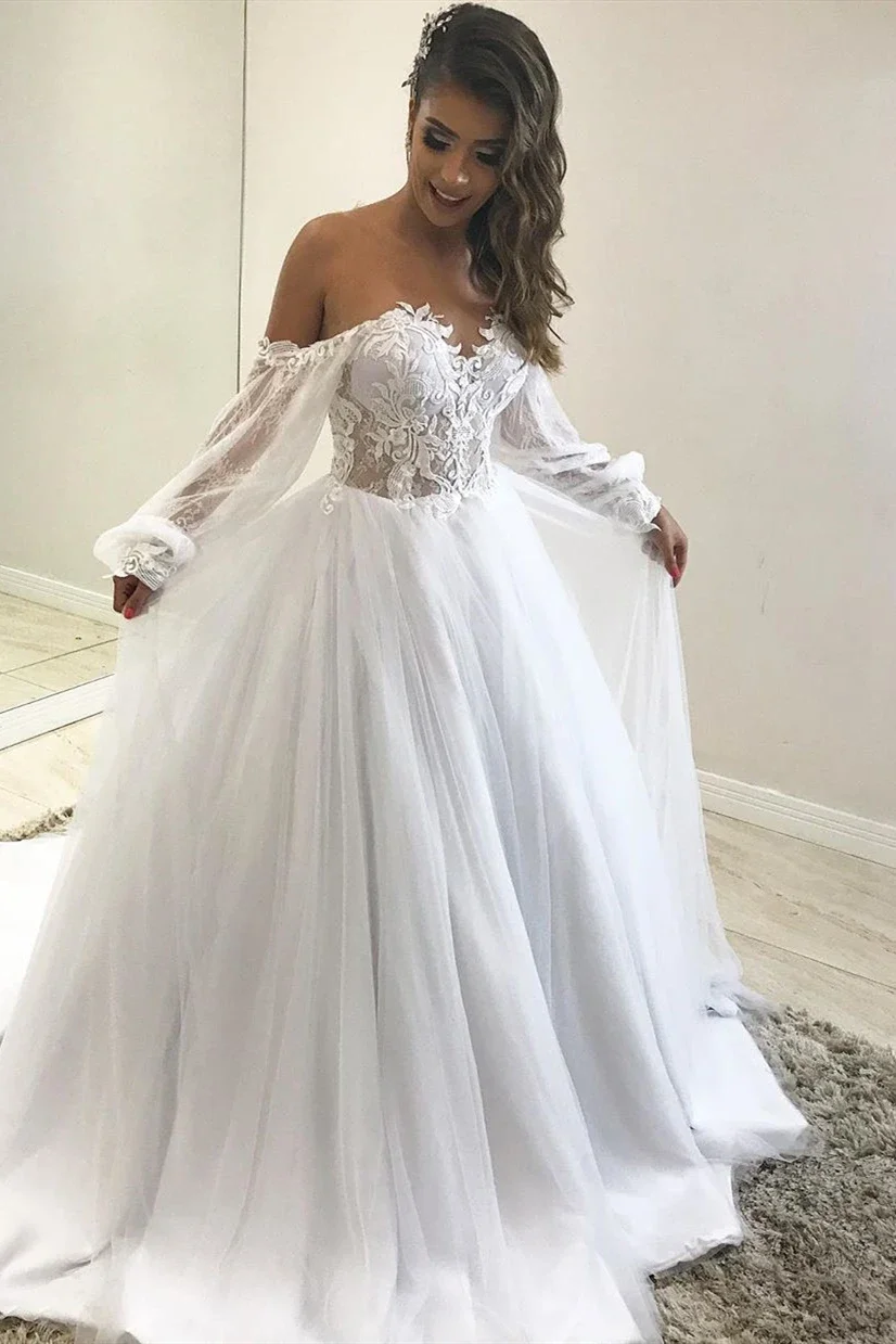 Abiti da sposa in pizzo Boho per la sposa 2021 maniche lunghe con spalle  scoperte abito da ballo abiti da sposa floreali vestido de noiva