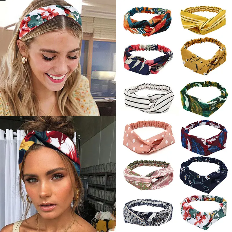 

Fashion Women Girls Summer Bohemian Hair Bands Print Headbands Vintage Cross Turban Bandage Bandanas HairBands Hair Accessories