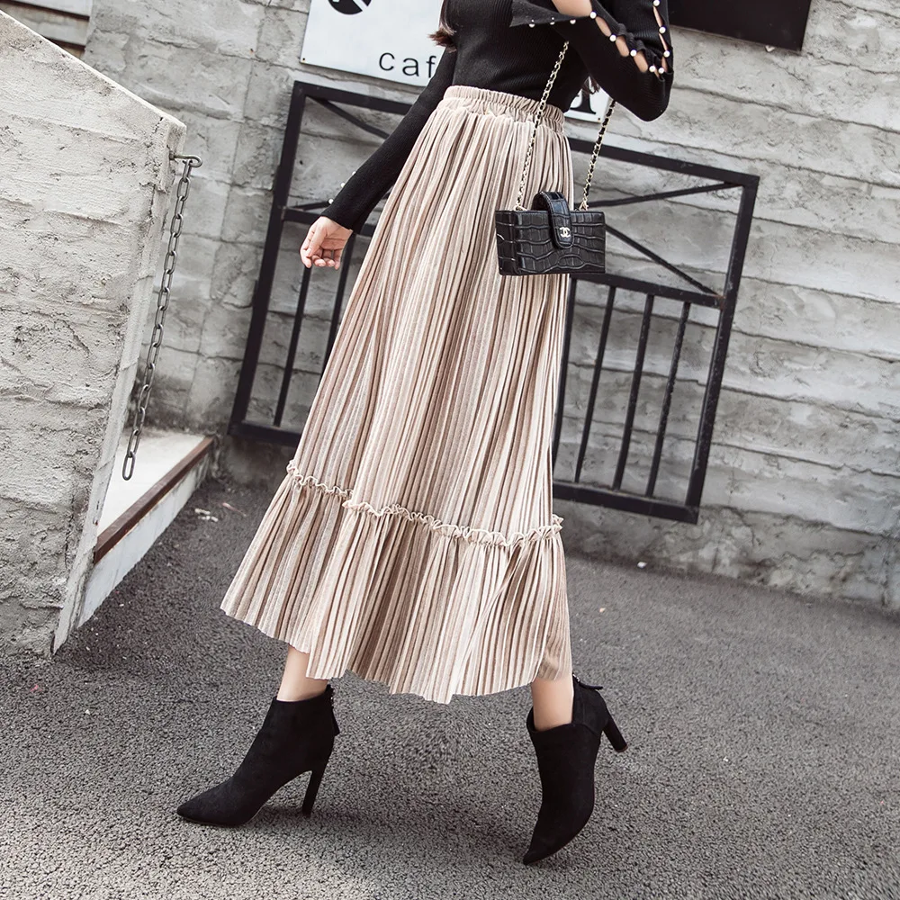 Женская плиссированная юбка до щиколотки однотонная бархатная с высокой талией