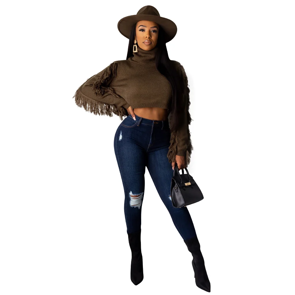 2020 Women New Winter Turtleneck Sweaters Long Sleeve Solid Tops Sexy Tassel Fashion Night Club Party Street Slim 3913 | Женская одежда