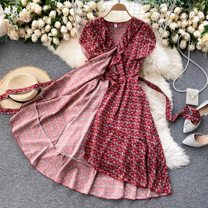 

Women Casual V-Neck Short Sleeve Ruffles Lace-Up Sashes A-Line Mid-Calf Beach Party Dress Vestidos Summer Floral Dress