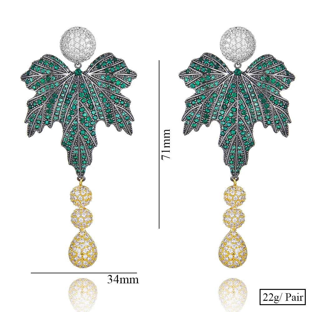 

SISCATHY New Arrival Shiny Cubic Zirconia Dangle Earrings For Women Bridal Wedding Copper Big Green Leaf Drop Earrings 2020