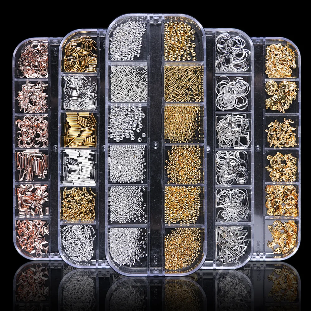 

12 Grids Metal Rivet Nail Art Decoration Studs Mix Style Stars Moon Gold Silver Strass Jewelry DIY 3D Charms Accessories