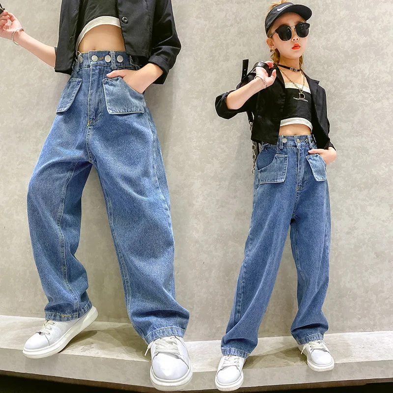 

New Autumn Girls Denim Pants Kids Casual Loose Jeans Teen Girl Fashion Button Waist Jeans Children's Clothing Spring Trousers