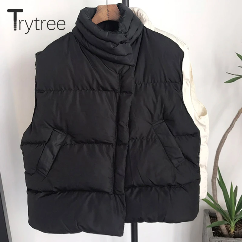 

Trytree 2020 Autumn Winter Thick Women's Jacket Vest Solid Fake Zipper Stand Collar Pocket Casual Oversize Sleeveless Down Coat