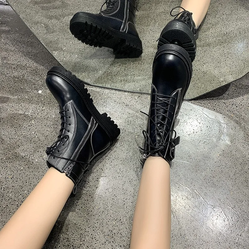 Autumn Winter Women Fashion Lightweight Comfortable Round Toe Shoes Ladies Lace-up Thick-soled Non-slip Women's Platform Boots