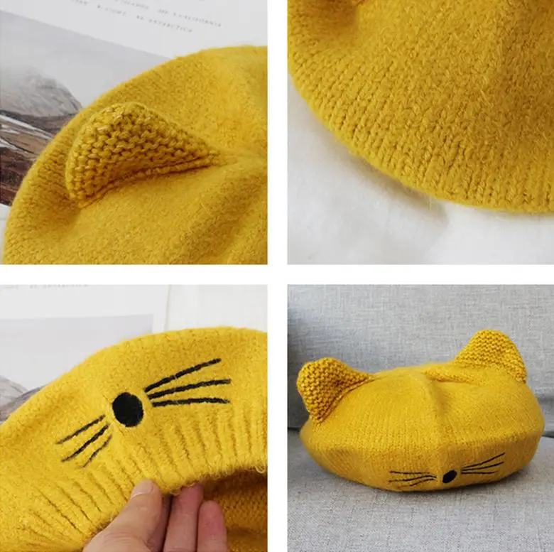 Однотонный вязаный берет с кошачьими ушками Зимний корейский японский стиль