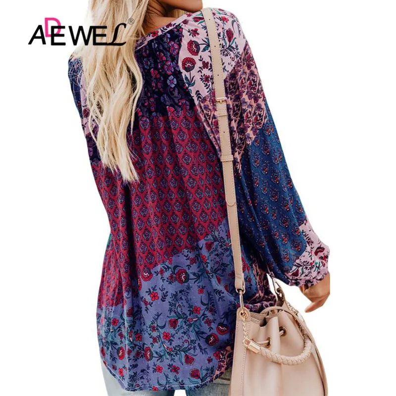 ADEWEL Autumn Spring Floral Print Peasant Blouse Women Casual Blouses Tops Split Neckline Long Sleeve Plus Size | Женская одежда