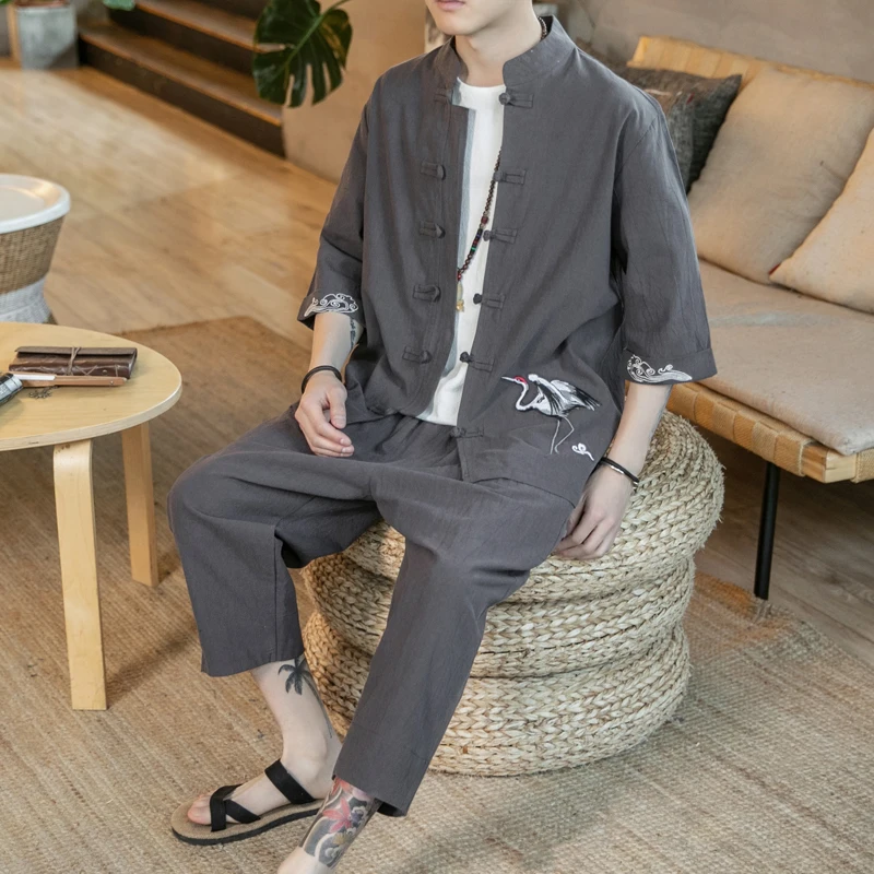 Мужской костюм в китайском стиле пальто с вышивкой журавлей и брюки комплект из