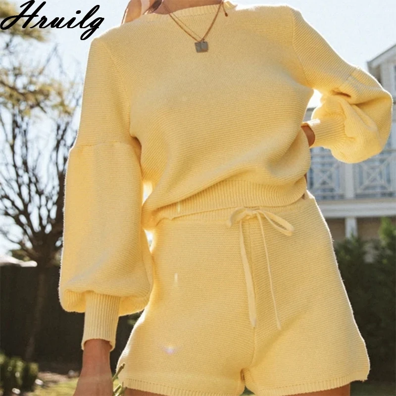 

Wholesale Clothing Women Sets Solid Color Long Sleeve Sweater&short Pants Two Peice Set for Women Casual Fashion 2 Piece Set