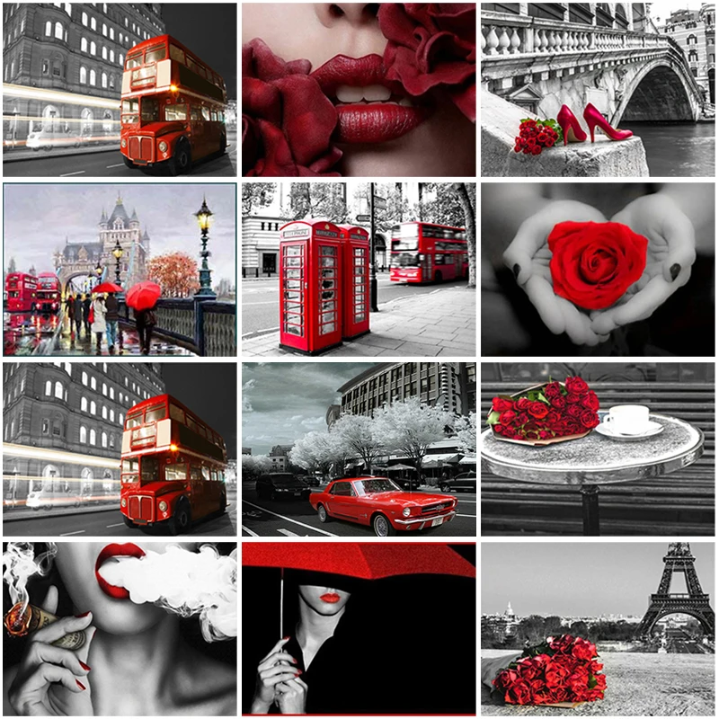 

5D DIY Scenery Diamond Painting Black and White Red Full Square Round Diamond Embroidery Mosaic HandCrafts Gift Home Decoration