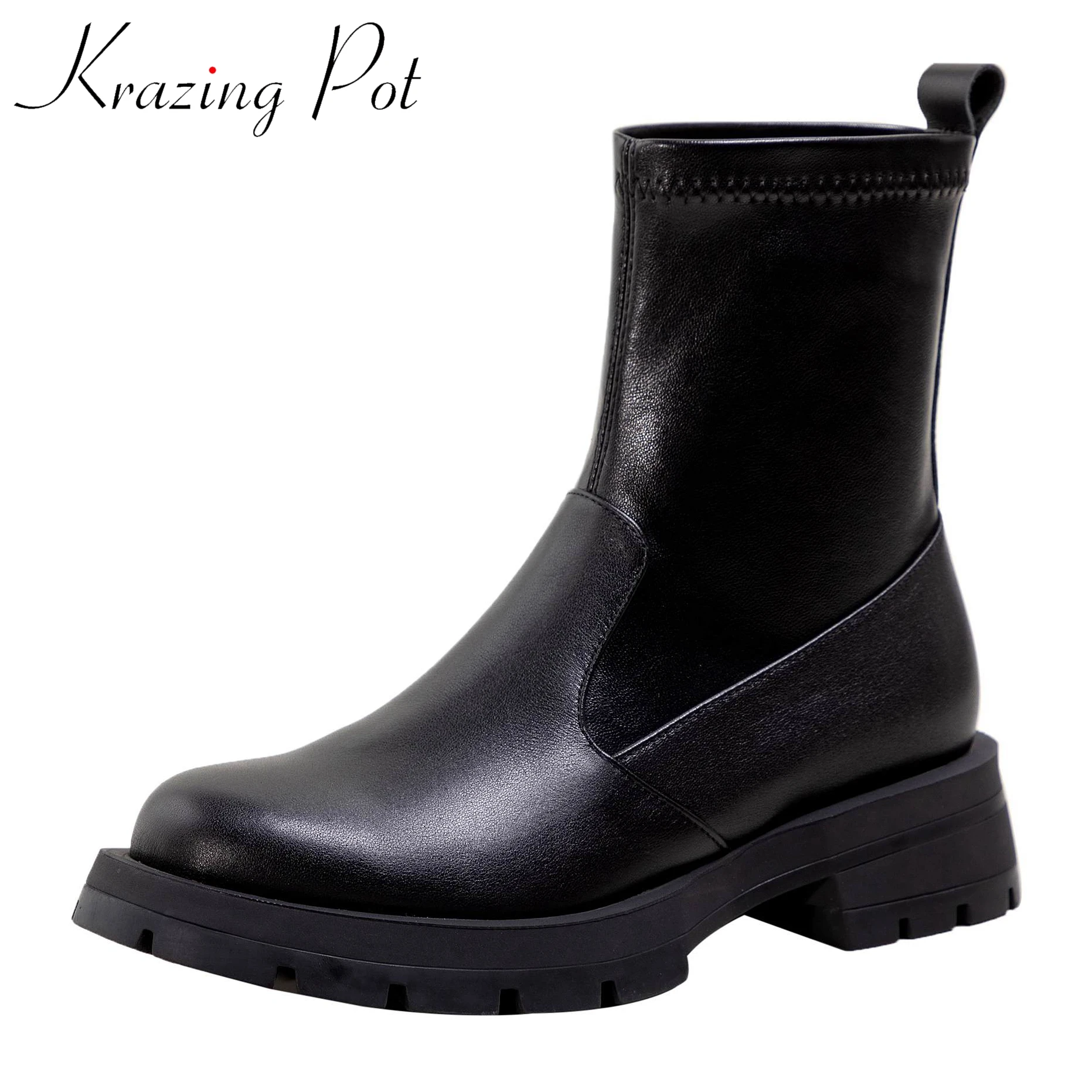 

Ботильоны Krazing Pot из натуральной кожи с круглым носком на среднем каблуке, уличная мода, в западном стиле, без застежки, на плоской платформе, ...