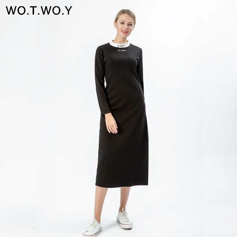 Женское трикотажное платье WOTWOY повседневное Хлопковое с карманами и принтом