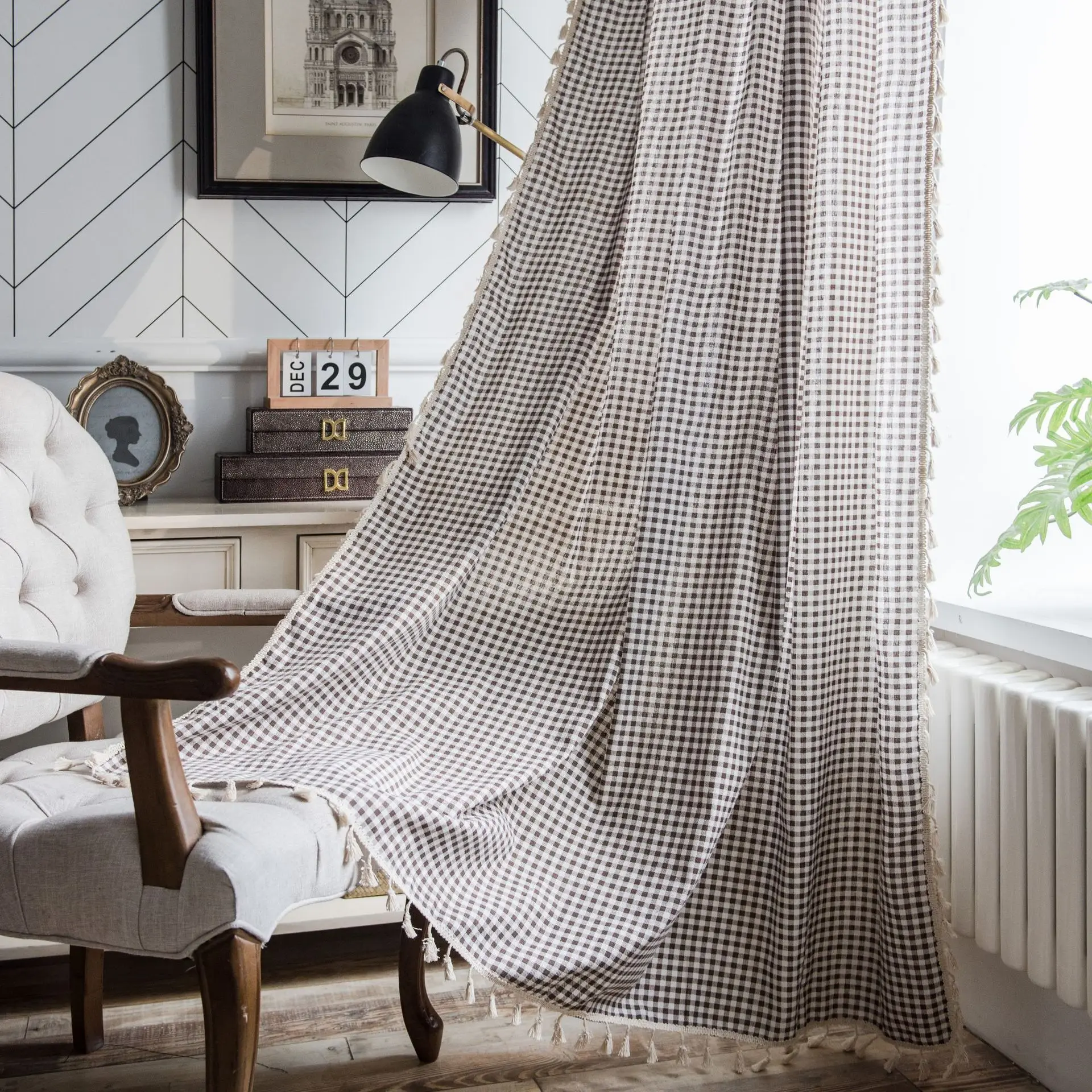 

Simple Brown Plaid Print Partition Curtain with Lace Tassel Soft Cotton Linen Semi-shading Fabric Rod Pocket Processing