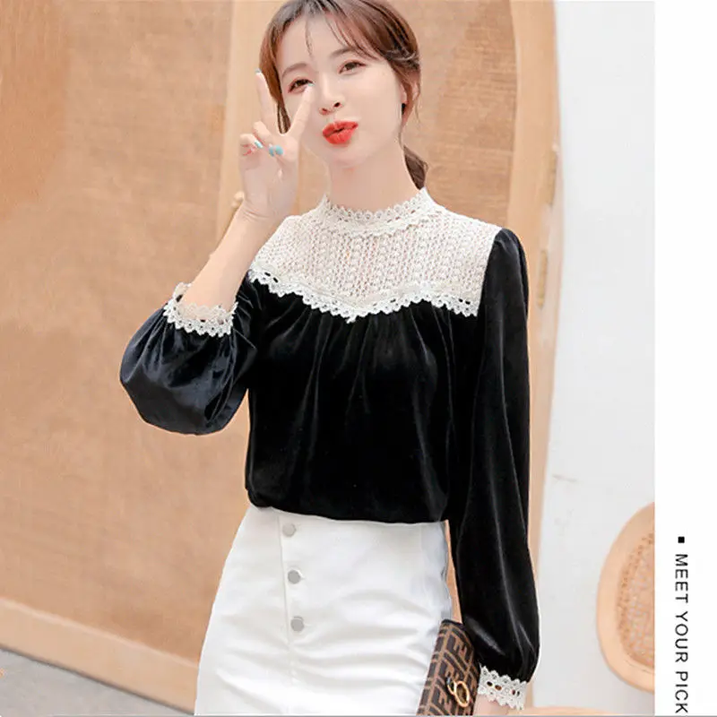 

2021 spring and summer new lace stitching lace stand collar bottomcoat gold velvet foreign style top women's versatile top