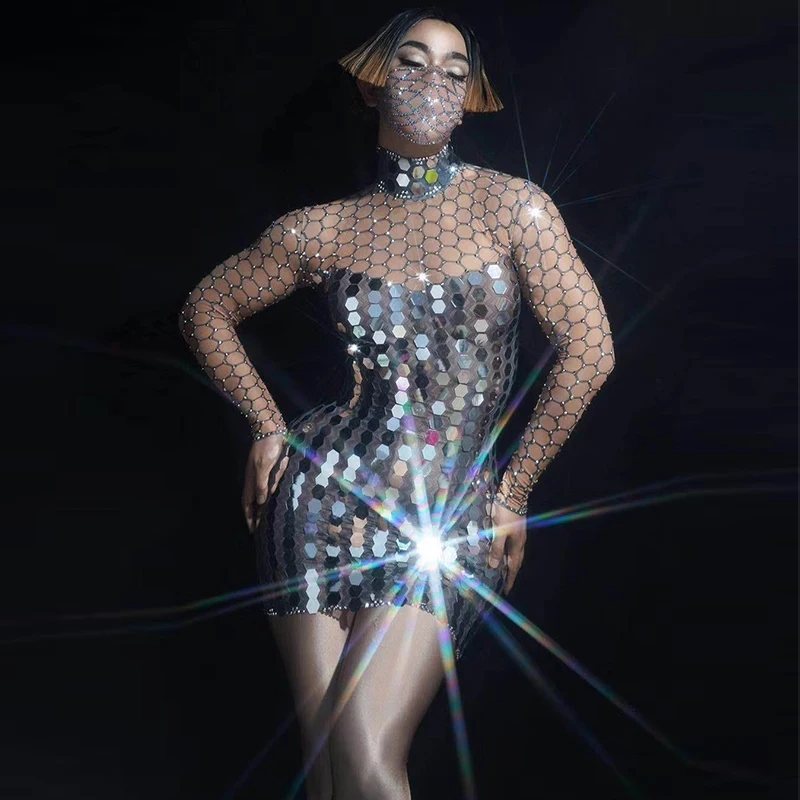 

Shiny Silver Sequins Mirrors Short Dress tight Mesh long sleeve Singer Dancer party club Stage Costume designer dresses runway