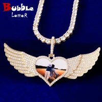 custom photo heart wing pendant solid back memory picture necklace micro pave charm mens hip hop rock jewelry