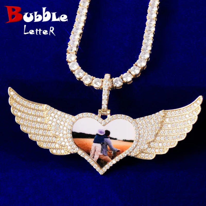 Bubble Letter Custom Photo Necklace for Men Heart Wing Pendant Solid Back Memory Picture Medallion Hip Hop Rock Fashion Jewelry | Украшения