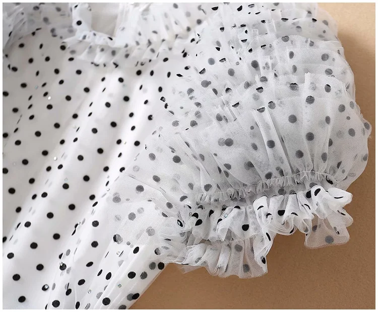 

Woman Dress Retro Black Polka Dot Printed Petal Sleeve Hot Rhinestones Elegant Prom Party Net Yarn Long Dress