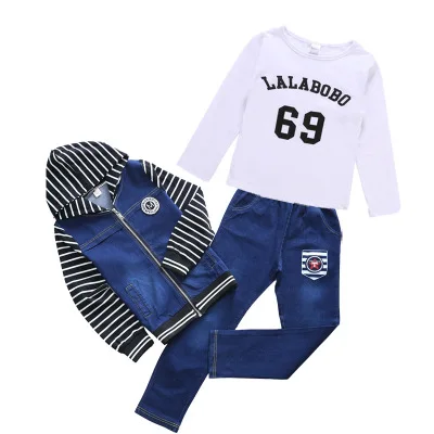 Girls 4-14 Years Casual Fashion Letters Print Stripes Jeans Coats+Blue Washed Jeans Pants Clothing Sets Spring Autumn Jeans Sets - Цвет: 3pcs set