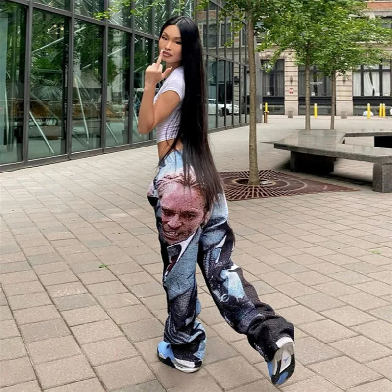 

Baggy Pants Women y2k Wide Leg Straight High Waist Trousers Graphic Print Harajuku Pants Punk Style Indie Aesthetics Summer 2021