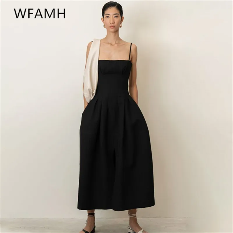 

2021 New Spring And Summer Fashion Waist Slimming Black Sling One-line Neck High Waist Split Dress Base Skirt Female Polyester