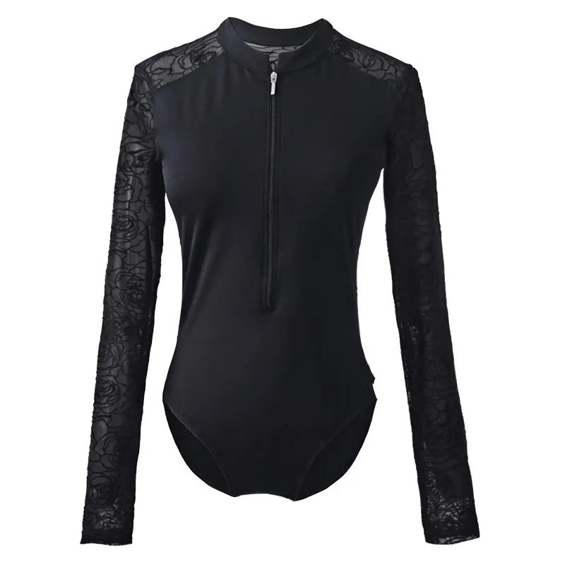Женское балетное боди с воротником-стойкой Черное Кружевное длинным рукавом |