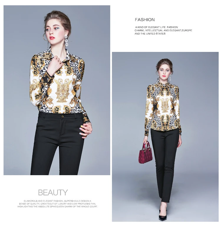 

Women's Blouse Silk Polo Shirt Fashion Casual Print Top Long Sleeve Chiffon Blusas Office Lady Summer Clothing Houthion