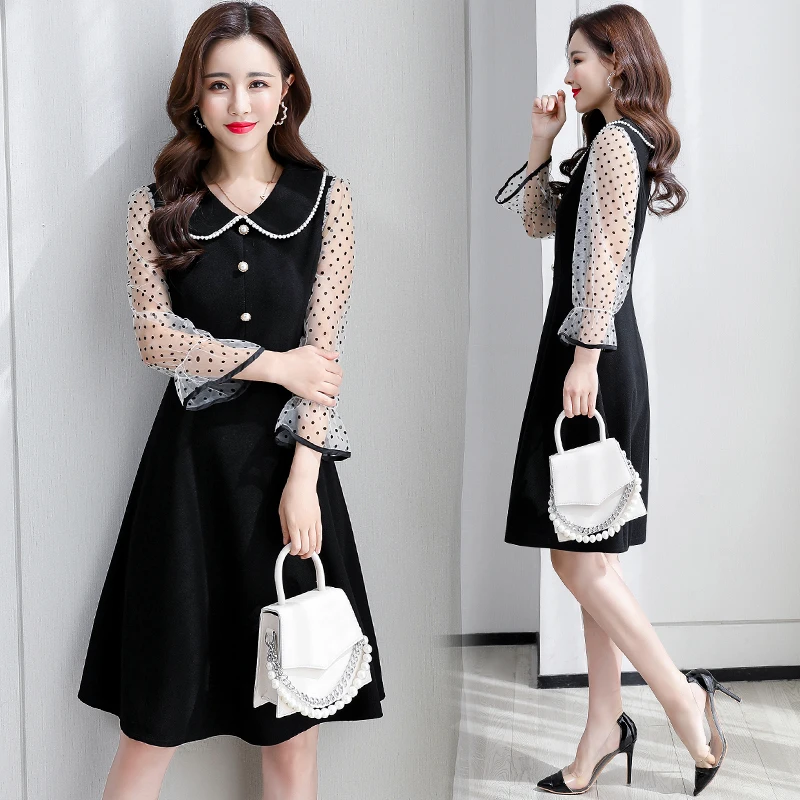 

2020 Spring Autumn Women Fashion Dots Mesh Sleeve Patchwork Mini Dress Sweet Beading Peter pan Collar Slim Black Dress