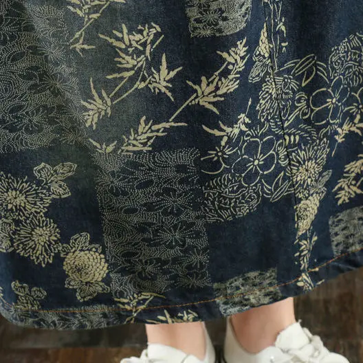 

Denim Vintage Print patchwork skirt for women's literature and art summer large mm medium length slim versatile A-line skirt