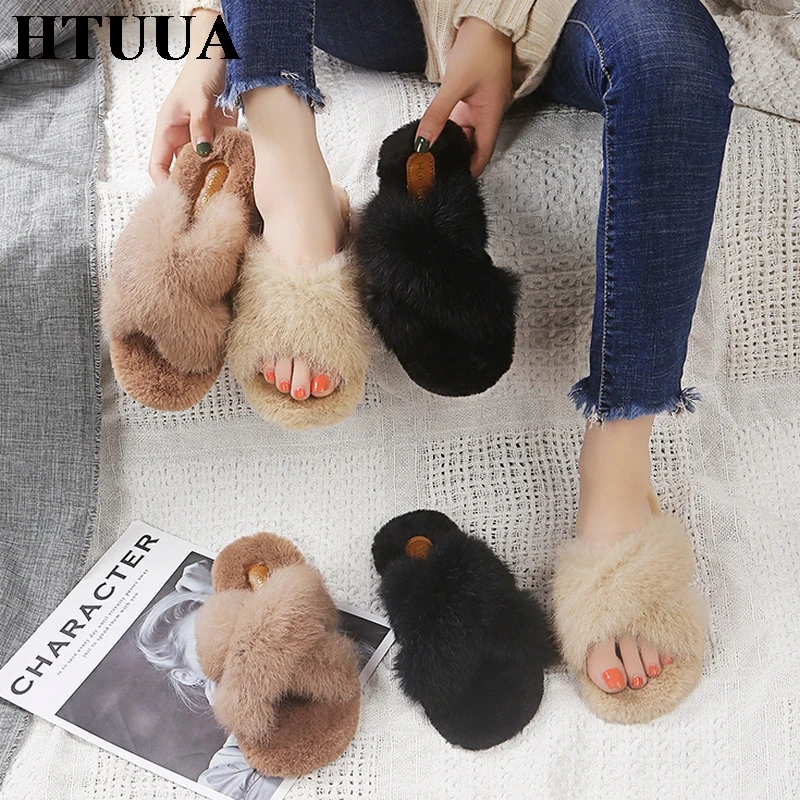 HTUUA/удобные мягкие пушистые меховые тапочки женские теплые плюшевые домашние