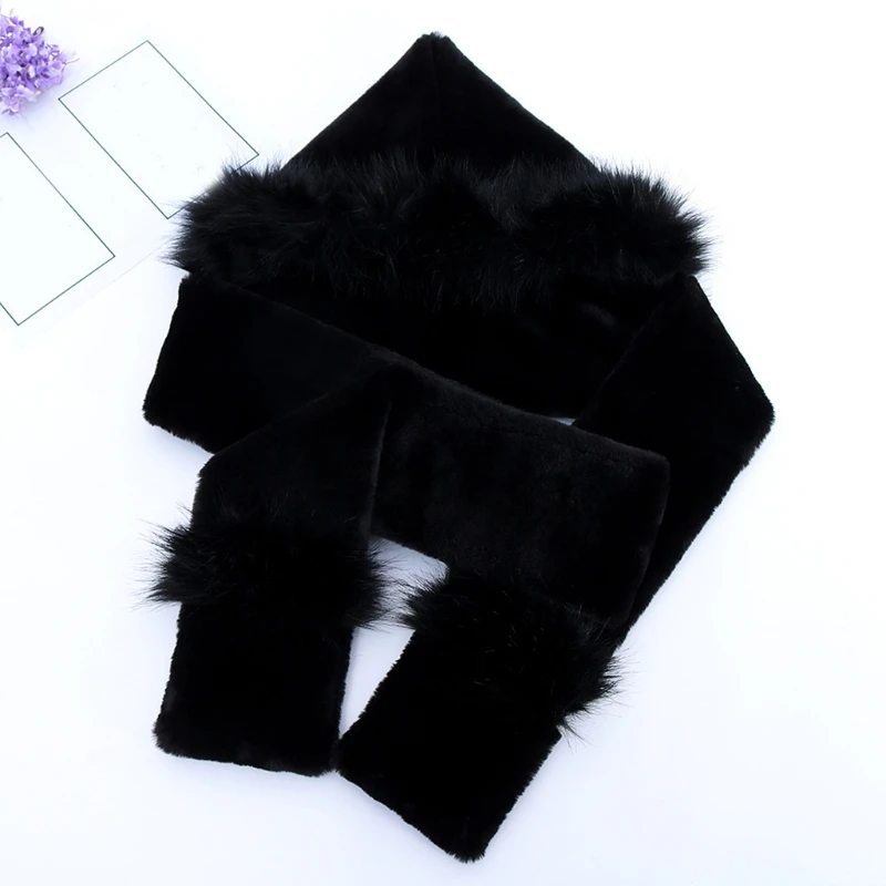 

Winter 2 In 1 Hooded Long Scarf Beanie Hat Solid Color Thicken Double Layer Fuzzy Plush Earflap Cap Neck Warmer Wrap