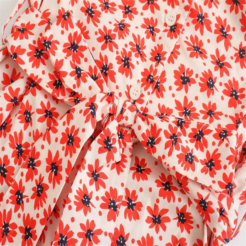 

Za 2021 Floral Print Belted Jumpsuit Women Casual Red Sleeveless V-neck Button Romper Fashion Belt Pocket Woman Overall Jumpsuit