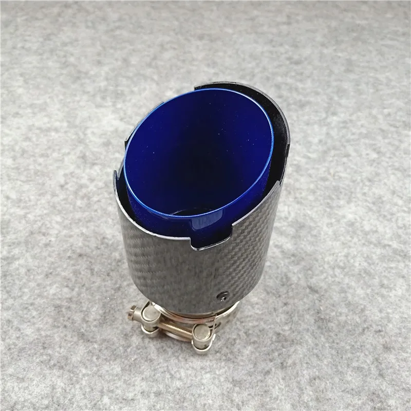 

One Pcs Car Styling Carbon Fiber Exhaust Pipe Grilled Blue Glossy Car Universal OUT 76 89 101 114MM Stainless Steel Muffler Tip